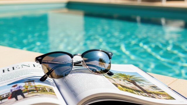 Stylish sunglasses on a magazine by the pool, with a palm tree reflection.