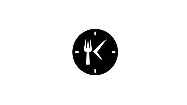 Black circular logo features a fork and a clock hand, representing the concept of food timing
