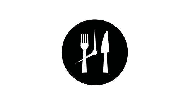 A simple black and white circular icon featuring a fork, knife and a clock hand