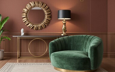Naklejka premium Luxury green velvet chair beside gold console table and sunburst