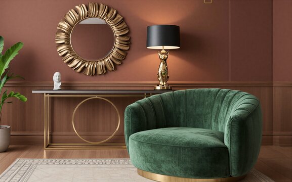 Luxury green velvet chair beside gold console table and sunburst