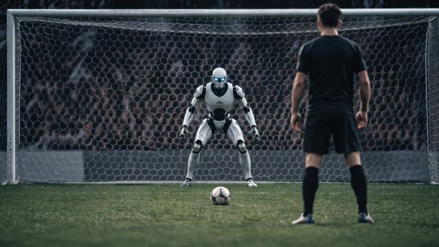 futuristic goalkeeper robot saving penalty kick on soccer field in dramatic lighting