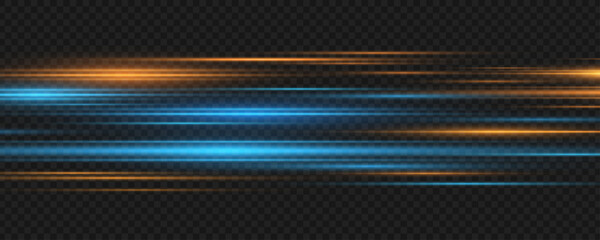 Abstract glowing light streaks with dynamic blue and orange neon beams on a dark transparent backdrop. Motion blur effect creates a sense of speed and energy for futuristic technology. Vector. © sersupervector