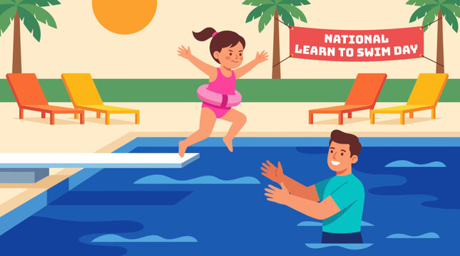 Girl jumping into pool for National Learn to Swim Day illustration