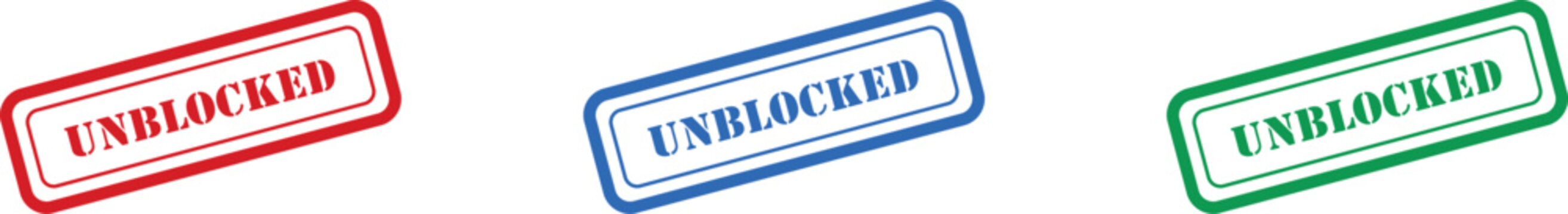 Three vibrant rubber stamp style indicators in red, blue, and green display the word UNBLOCKED