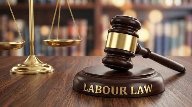 Labour law gavel justice courtroom legal employment attorney arbitration litigation wooden gavel resting near balance. Employee labor law compliance justice, rights, fairness, ethics, regulation