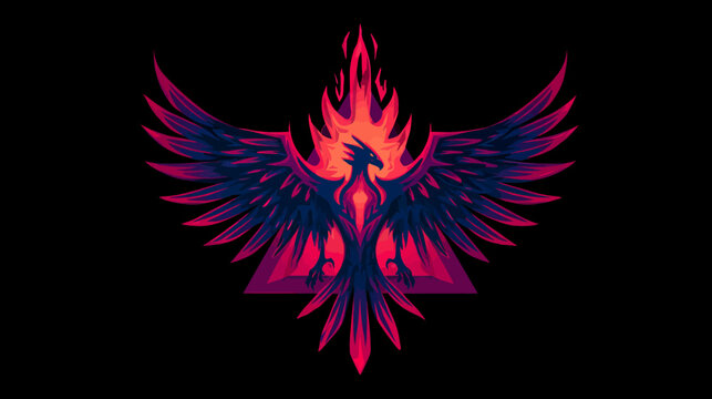 A stylized bird with outstretched wings and flames on a black background. Geometric and vibrant