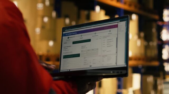 African american male employee handling parcel logistics on laptop, distribution hub operations integrating shipment details and inventory management to support e-commerce efficiency.