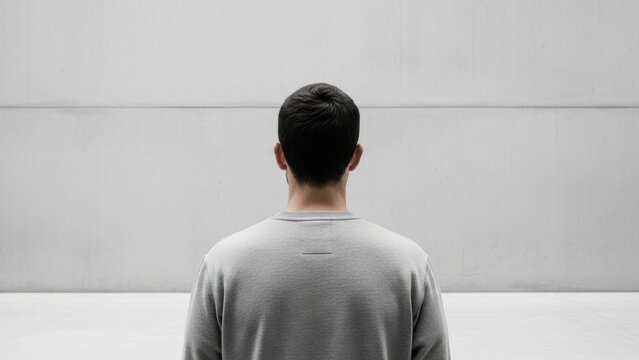 Man in grey sweatshirt facing a concrete wall.