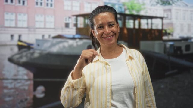 Woman points finger to nose while smiling at camera wearing yellow striped shirt and white tee in studio with printed canal backdrop; playful warmth.