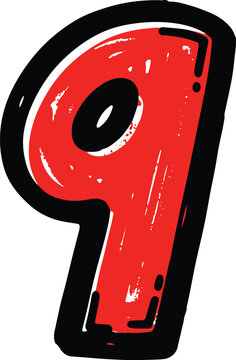Red Number Nine With Black Outline And Chalky Texture
