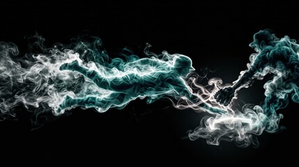 Naklejka premium Ethereal smoke figures of athletes reaching out for connection on dark background. Conceptual sports image showing teamwork and achievement.