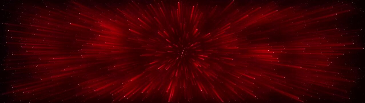 Intense red light streaks radiating outwards from a central point against a dark background with scattered red particles creating a dramatic and energetic visual effect
