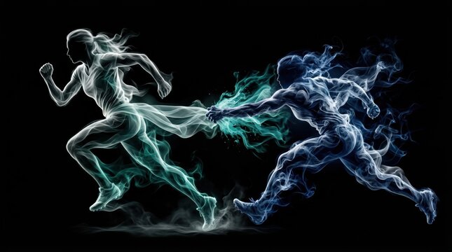 Vibrant smoke figures, male and female, sprinting in dynamic motion on dark background. Powerful energy, sport competition concept.