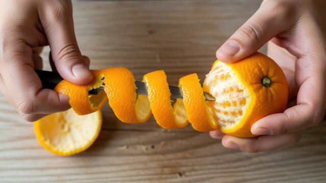 An orange being peeled into a long spiral over a wooden surface.