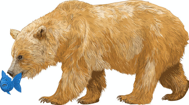 Digital illustration of a brown bear holding a blue fish in its mouth, rendered in a detailed style