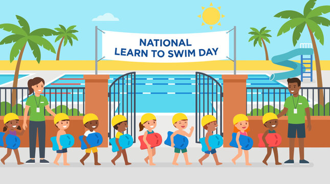 Cartoon illustration of children learning to swim at a summer pool