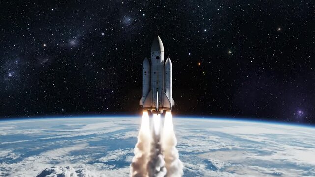 A remarkable reusable spacecraft ignites its powerful engines, ascending vertically from its launchpad with brilliant fiery exhaust plumes illuminating the vast expanse of Earth's atmosphere