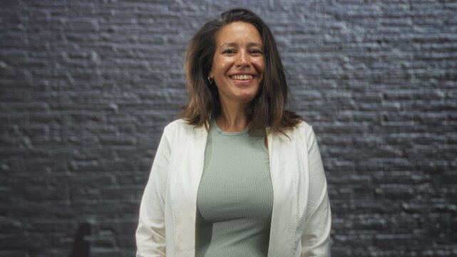 Woman smiling and looking right wearing white jacket and green ribbed top against a brick wall in a studio; warm joy.