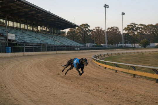 greyhound racing at outdoor track with empty stadium in golden hour lighting