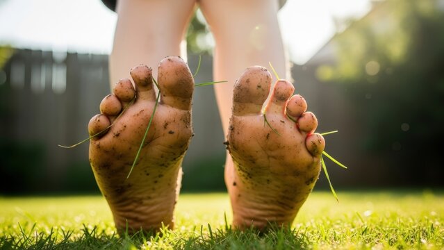 A child's dirty bare feet standing on green grass.