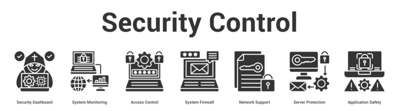 Security Control web banner icon set vector illustration concept for business with icon of Security Dashboard, System Monitoring, Access Control, System Firewall, Network Support, Server Protecti.