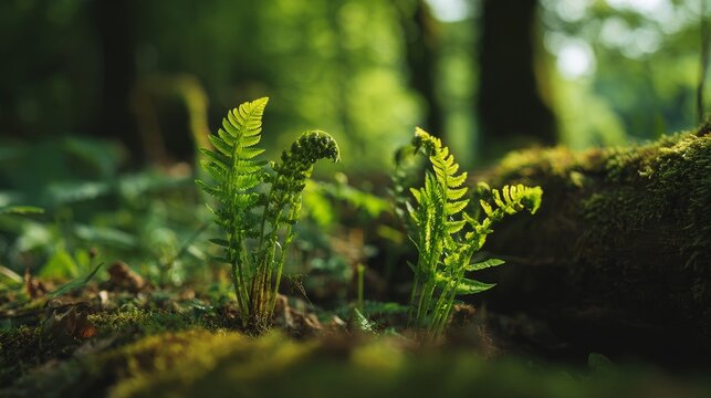 Two young ferns unfurling in a dappled forest setting