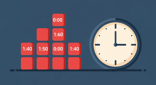 Vector illustration representing time management concept with a round analog wall clock next to stacked red blocks displaying digital timer stamps on a dark blue background.