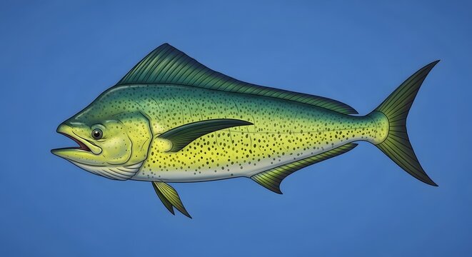 Vibrant and detailed illustration of a majestic mahi-mahi fish, showcasing its vivid colors against a blue aquatic background