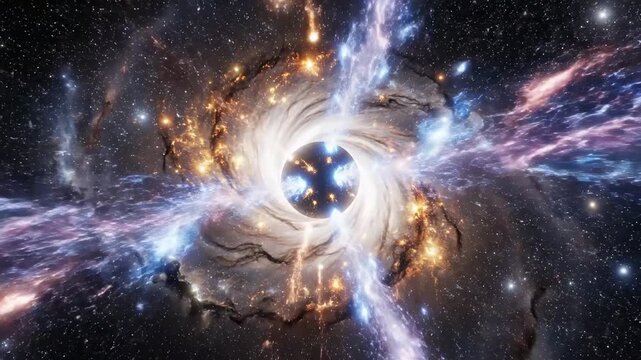Spectacular celestial phenomenon depicting a colossal cosmic singularity with swirling nebulas, brilliant stellar formations, and radiant interstellar gas clouds undergoing gravitational