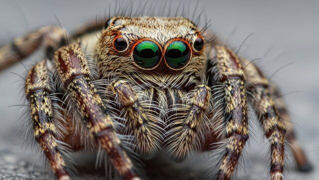 Macro portrait of a jumping spider with green eyes.