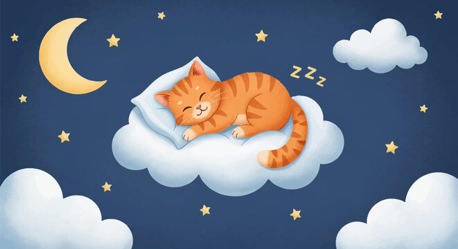 Watercolor illustration of a ginger tabby cat sleeping on a white cloud with a pillow in a starry night sky featuring a yellow crescent moon and fluffy clouds nursery art