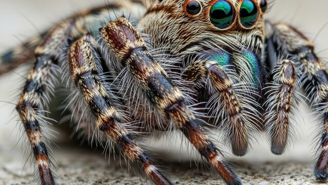 Extreme close-up of a hairy jumping spider.