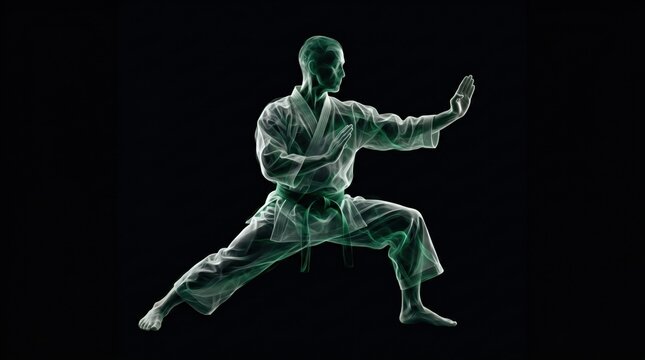 Dynamic martial artist in glowing green smoke effect karate gi, performing powerful defensive stance on abstract black background.