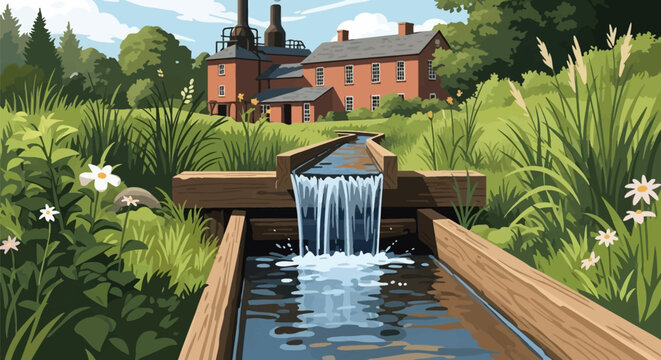 Vector illustration of clean water flowing through a series of wooden troughs and flumes towards a historic red brick industrial building or mill set in a lush green landscape.