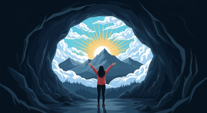 Vector illustration of a woman standing inside a dark cave mouth with arms raised looking at a bright sun rising over mountain peaks with white clouds and evergreen pine forests.
