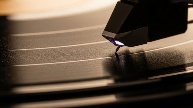Close-up of a record player needle on a spinning vinyl record.