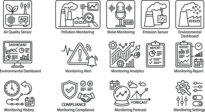 Environmental Monitoring System and Industrial Compliance Icons Set.