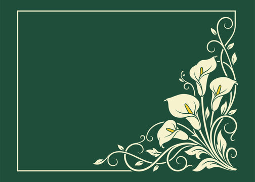 Floral calla lily botanical vector illustration with elegant swirl frame design on dark background.