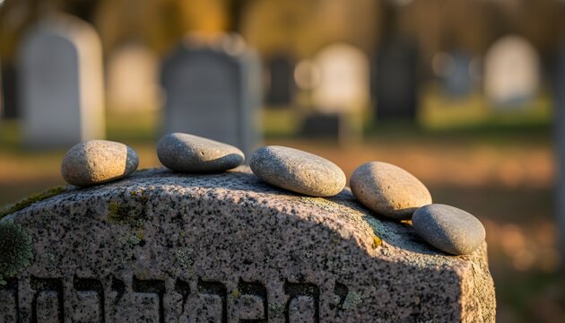 Jewish grave marker with stones for Holocaust Remembrance Day, symbolizing tradition and eternal memory concept as a way of placing tokens of respect on a headstone