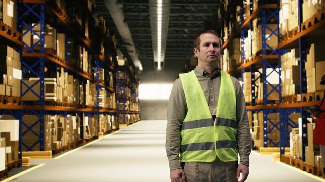 Portrait of personnel operating in logistics distribution center, managing shipment with parcels and merchandise. Supply chain control support efficient delivery and e-commerce operations.