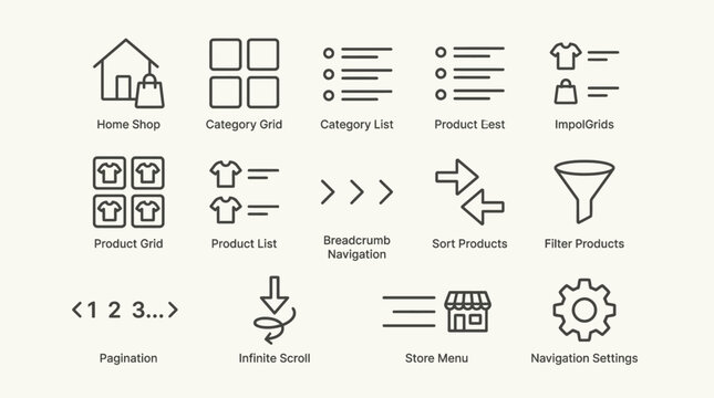 Set of e-commerce and online shopping website interface navigation line icons.