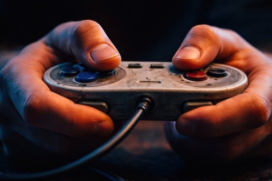 hands holding retro video game controller in low light gaming setup