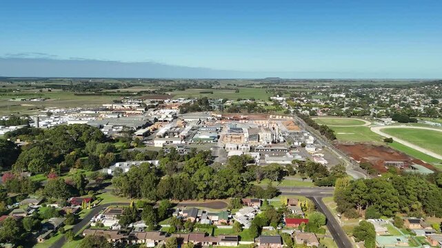 Mount Gambier, South Australia: 4K aerial drone footage of timber mill, industrial site and forestry processing facility near Umpherston Cave
