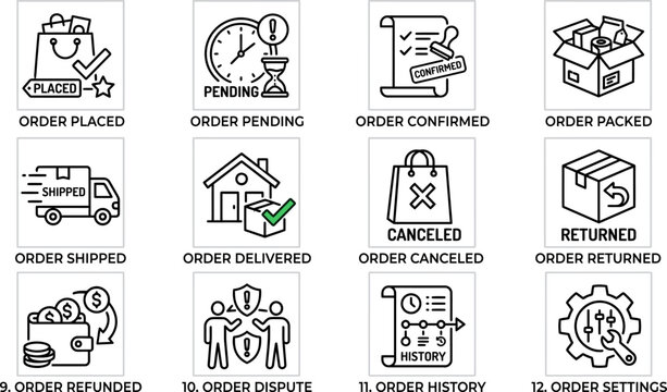 Set of ecommerce order status icons showing delivery process.
