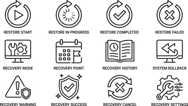 Set of computer system recovery and data restore line icons.