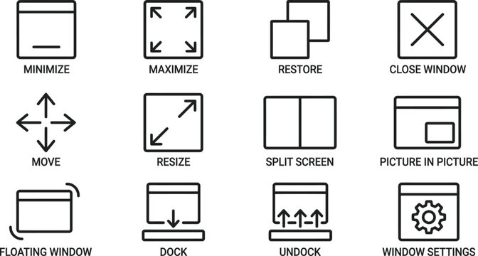 Set of computer window management icons representing interface controls.