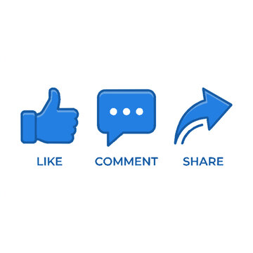 Social media icons, featuring like, comment, and share symbols, are displayed