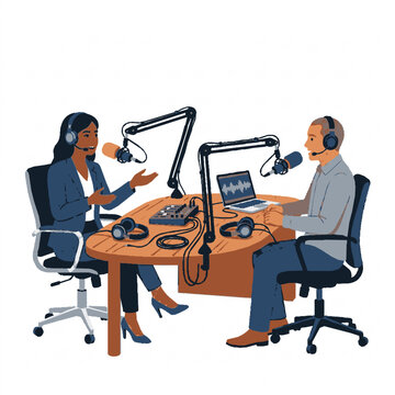 Two individuals engaged in a podcast recording, seated at a table with microphones, showcasing the essence of communication and digital media. The scene depicts a live podcast