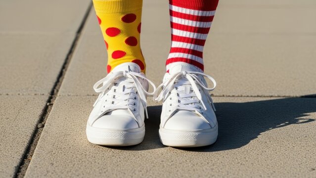 Person wearing mismatched socks, one with polka dots and one with stripes.